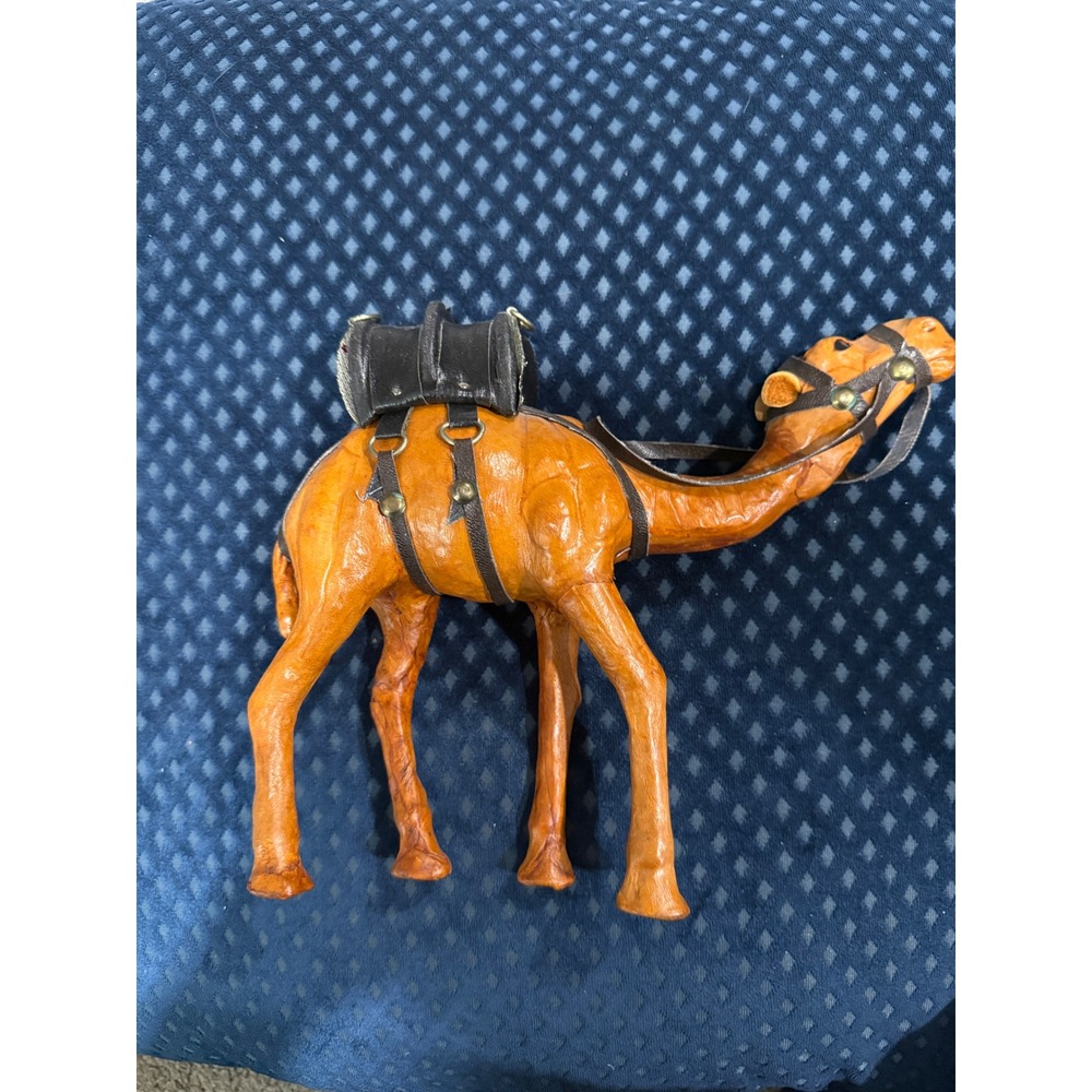 Vintage Leather Camel Figurine Saddle Bag Desert Caravan Decor 9"